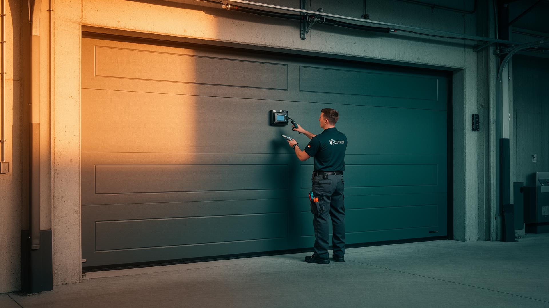 Professional garage door technician inspecting a modern garage door in Richmond, Ohio